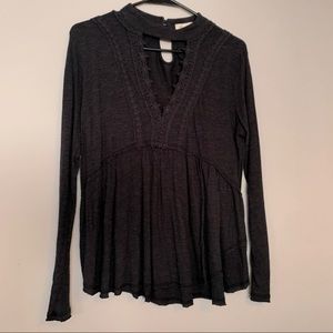 Deep V Neck Long Sleeve Bell Sleeve Lace Top